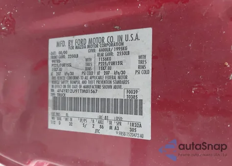 2001 Mazda B3000 Ds/Se из США, поврежденный, VIN 4F4YR12U91TM01567